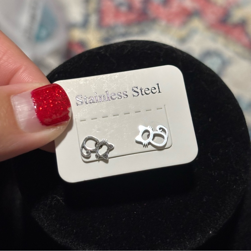 Curly Tail Cat Earrings - Stainless Steel, Stud-Style Earrings, Kitty Cat Steel